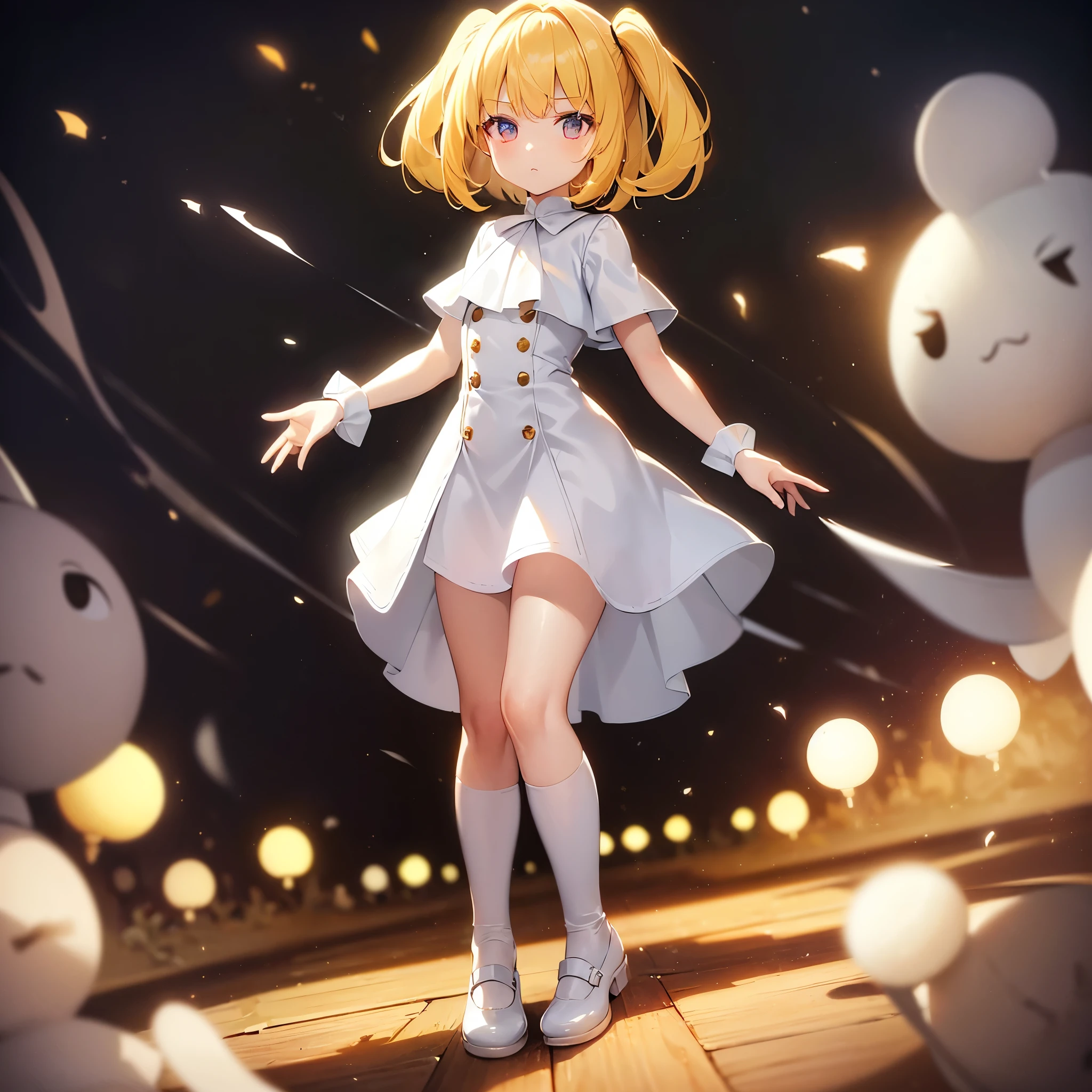 ((White leather shoes)),Cute little ,Tiny ,Small girl,,Childish face, Very fine clean face,Top quality, Big eyes,Straight Hair,Yellow hair,Crimson Eye,(Dark Room), Subtle light, Natural light,Soft lighting,Light from directly behind, (Are standing), Cute pose, (Open your hands), Showing the whole body,Front view,Black background