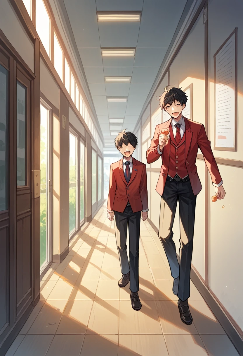 score_9, score_8_superior, score_7_superior, score_6_superior, sauce_anime, Break 1 Boy, Solosen１rare, Black Hair, , Red Blazer, tie, Black trousers, View your viewers, Happy, superiorper body, corridor, School building