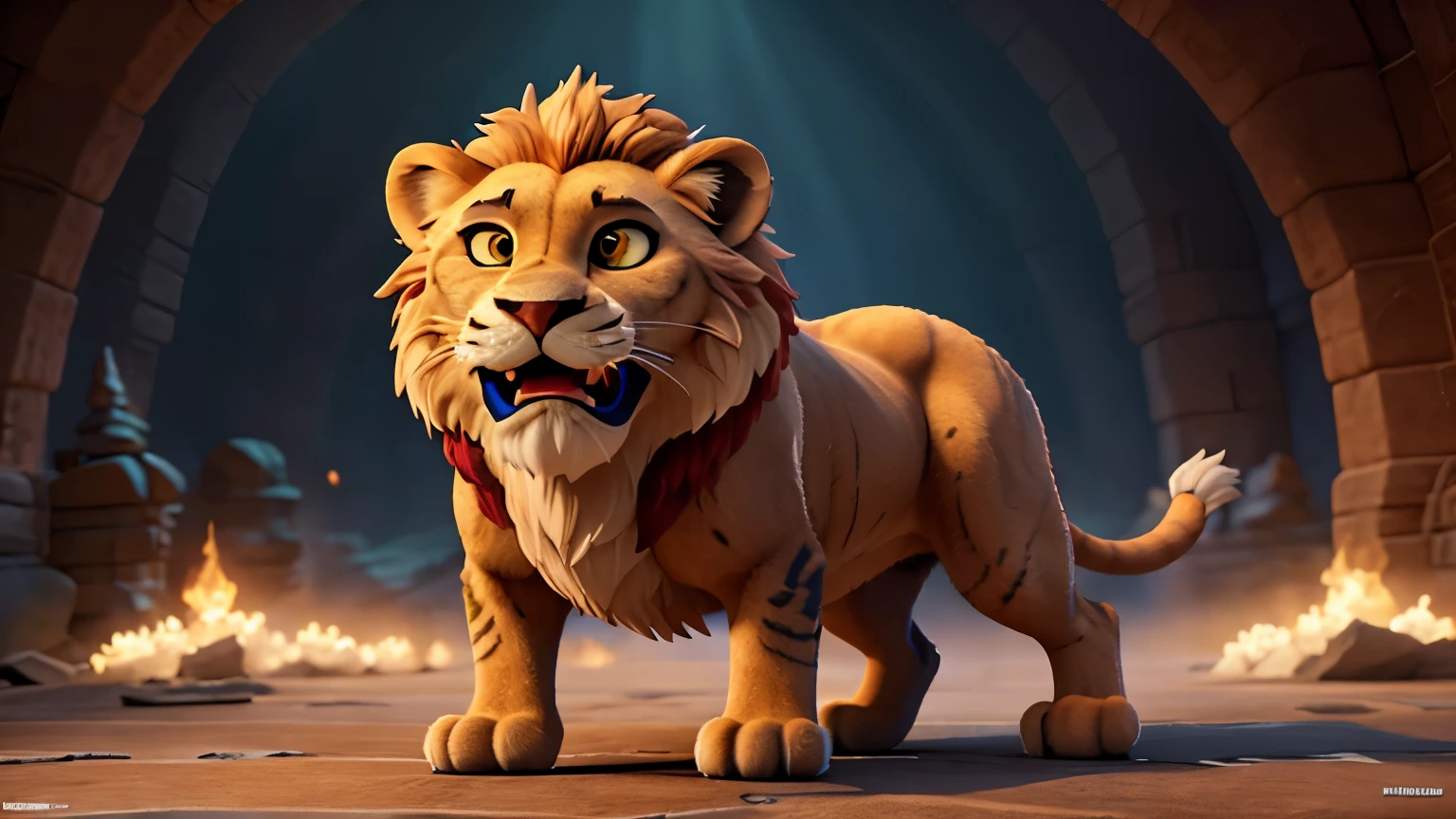 a mighty lion roaring, 3d render, disney style, detailed fur texture, powerful muscles, intense expression, dynamic pose, dramatic lighting, vibrant colors, intricate ornate details, magical mystical atmosphere, photorealistic quality, high resolution, masterpiece