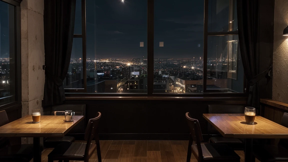  at night a big depth of view picture of a cozy coffee shop interior with two tables and coffee cups on the tables. At the side there is a coffee machine. Theres also a big closed window at the center with the view of the outside city, photorealistic, night 