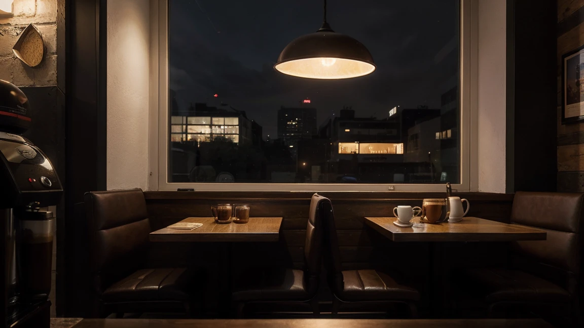 at night a big depth of view picture of a cozy coffee shop interior with two tables and coffee cups on the tables. At the side there is a coffee machine. Theres also a big closed window at the center with the view of the outside city, photorealistic, night