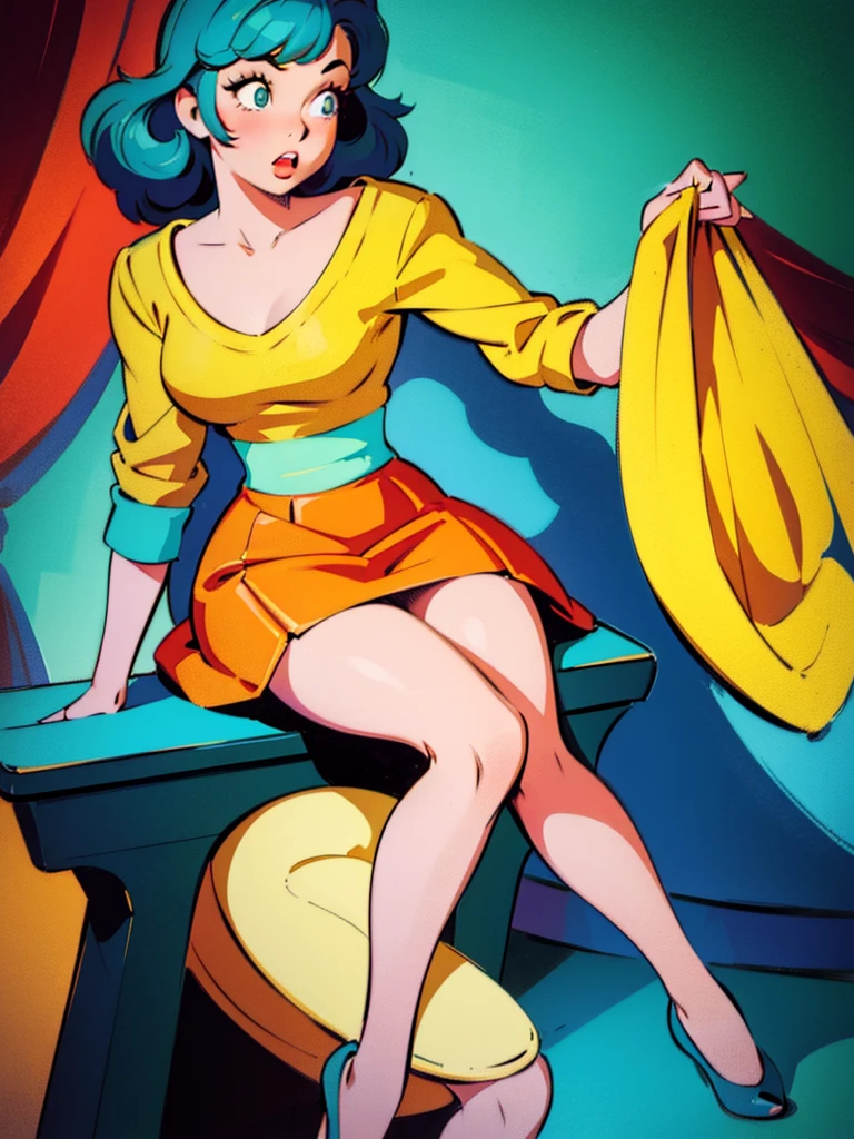 20 years old girl sitting on the chair, vintage, retro pin up style,sexy, , surprised, mini tight skirt, flowing skirt, colorful , orange and teal color scheme, masterpieces art work, illustrated,