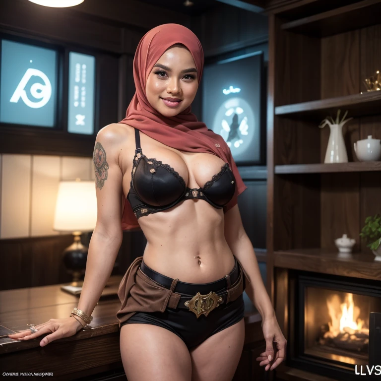Craft a photorealistic scene of a Malay girl in hijab as an super model explorer in cyberpunk world. standing on living room, Showcase intricate gears, Victorian-inspired fashion, and a sense of adventure in this alternate reality, 8mm lens, Extreme close-up,  8k resolution, high quality, ultra detail,modeling pose,Cat ears, Soft lighting, groups, Wear shabby clothes, Dirty, Tattered futuristic military uniform, Cat's paw badge, Pose, spot color, rendering by octane, Ultra-realistic intricate details, big breasts, big breasts, big breasts, two MAPAY oppai, posing together in bra, MIRA FILZAH and IMAN TAYORE, red bra, all red, oppai proportions, sexy :8k, 4 k, big breasts!, bottom angle, big breasts!!, Malay beauties, biomechanical oppai, fujita goro and jones, thicc, wearing hijab, hijab star, hijab gorgeous, hijab super model, Malaysian girls group,malay, The whole body consists of a young girl with hijab, Eye makeup, Cat ears, Soft lighting, group, Wear shabby clothes, Dirty, Tattered futuristic bikini, Cat's paw badge, Pose, spot color, rendering by octane, Ultra-realistic intricate details, Cinematic, 8K resolution, 70mm, emphasis lighting, Global illumination, (((wearing a Sexy belt design by LV))) Surreal full-body figure, Beautiful and delicate body and face, gorgeous figure, ssmile, Titillating，Surreal full-body figure，Beautiful and detailed body and face, Super vista, White skin of the, vivd colour,🔥8k, (masterpiece), (((highest quality)), (super detailed), 2 girls, (Gorgeous Malay Girls: 1.2),