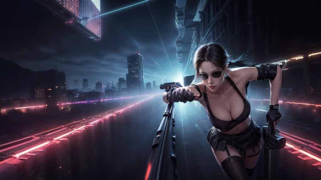 (((Aerial view))). Estilo: arte conceitual. A cena: Futuristic cityscapes with all-glass towering skyscrapers, 1drone. High-resolution OLED GUI interfaces in the building, The (((open-air))) all-glass string sky bridge is filled with transparent data visualization infographics that show it all, from weather patterns to traffic flow, (((Matrix cascading code))). Colors are saturated and vibrant, com rosas e roxos quentes dominando o horizonte, vortex back light. Matrix style, at night, extreamly dark sky, (1 female biker, solo), photo realistic, (large-??????:1.2 slim body, cleavage), (((sling bra top, extreamly short pleated (((miniskirt))) exposing ?????))), (((((matrix style black sunglasses))))), (((((slightly leaning forward, aiming at camera with a (short gun), looking at camera))))), (very low view), (((half-body (thigh level) medium shot))), (cinematic lighting).