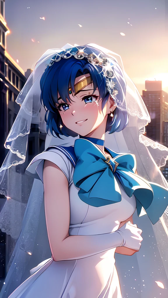 (solo, 1girl), (absurdres, highres, official wallpaper, poster), (masterpiece, best quality:1.2), (illustration, realistic), (perfect details, highest detailed, extreme detailed), dramatic light, AmiMizuno, (sailor mercury, neck ribbon, blue hair, short hair, circlet, jewelry, crescent earrings), (city, starry sky), (seductive smile, blush, standing), masterpiece, highest quality, 8K, 超High resolution, highest quality, anime style, best writing, beautiful face, smile, 1 girl, Crying with joy, blush, highest quality, High resolution, intricate details, highest quality, chromatic aberration, Do not tie hair, 1 girl, alone, (Wedding dress:1.3), (wedding veil:1.3), bouquet, long hair, thighs, long hair, (Upper body:1.3), wedding hall, cry tears, tears flow