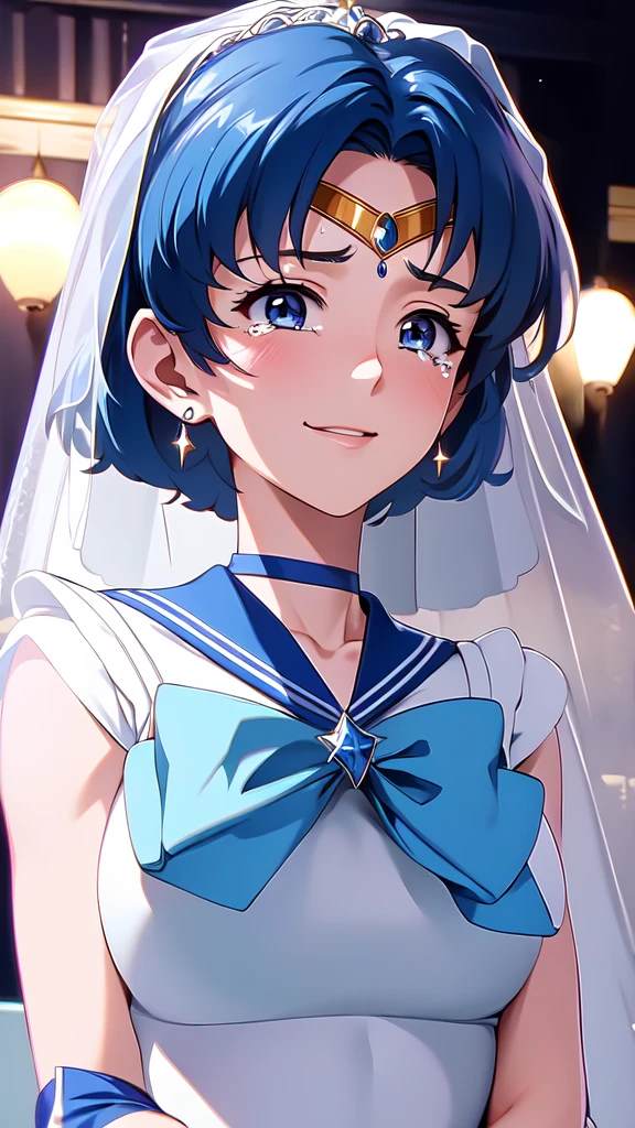 (solo, 1girl), (absurdres, highres, official wallpaper, poster), (masterpiece, best quality:1.2), (illustration, realistic), (perfect details, highest detailed, extreme detailed), dramatic light, AmiMizuno, (sailor mercury, neck ribbon, blue hair, short hair, circlet, jewelry, crescent earrings), (city, starry sky), (seductive smile, blush, standing), masterpiece, highest quality, 8K, 超High resolution, highest quality, anime style, best writing, beautiful face, smile, 1 girl, Crying with joy, blush, highest quality, High resolution, intricate details, highest quality, chromatic aberration, Do not tie hair, 1 girl, alone, (Wedding dress:1.3), (wedding veil:1.3), bouquet, long hair, thighs, long hair, (Upper body:1.3), wedding hall, cry tears, tears flow