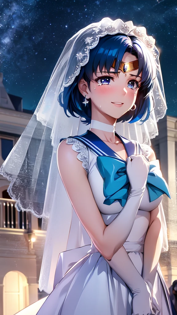 (solo, 1girl), (absurdres, highres, official wallpaper, poster), (masterpiece, best quality:1.2), (illustration, realistic), (perfect details, highest detailed, extreme detailed), dramatic light, AmiMizuno, (sailor mercury, neck ribbon, blue hair, short hair, circlet, jewelry, crescent earrings), (city, starry sky), (seductive smile, blush, standing), masterpiece, highest quality, 8K, 超High resolution, highest quality, anime style, best writing, beautiful face, smile, 1 girl, Crying with joy, blush, highest quality, High resolution, intricate details, highest quality, chromatic aberration, Do not tie hair, 1 girl, alone, (Wedding dress:1.3), (wedding veil:1.3), bouquet, long hair, thighs, long hair, (Upper body:1.3), wedding hall, cry tears, tears flow