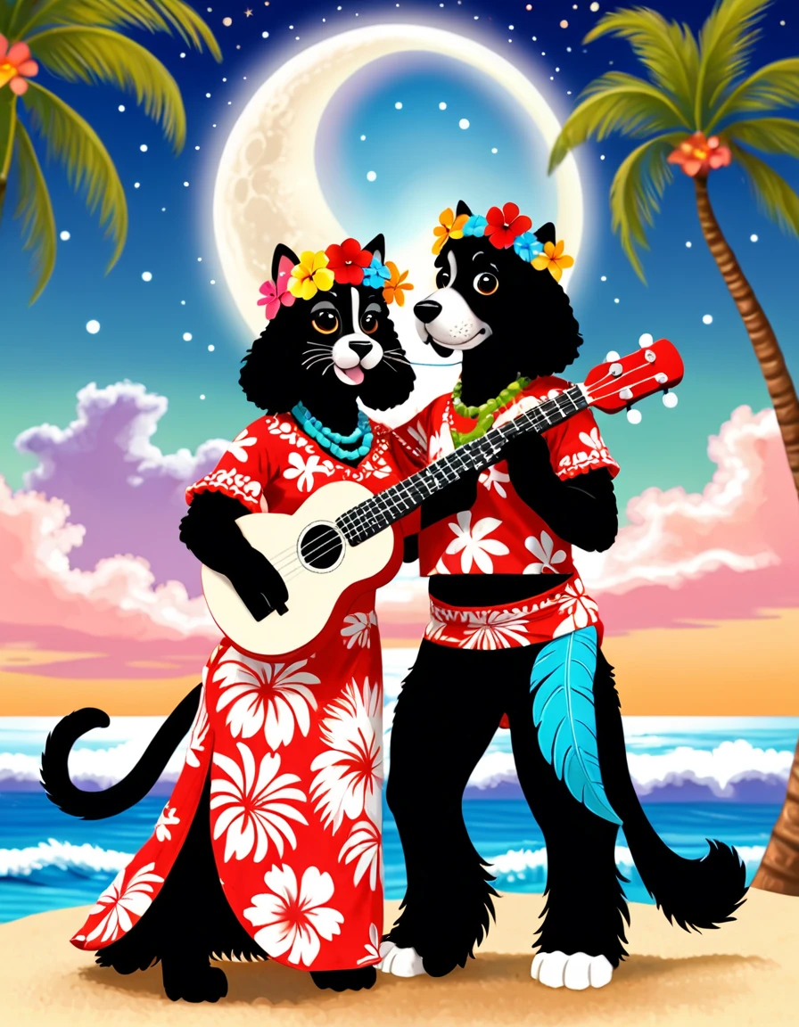 3DCG, cute and fluffy anthropomorphic animal couple in Hawaiian setting. Cat flamenco dancer and black American Cocker Spaniel ukulele player cuddling. Cat has soft fur, wears colorful muumuu and flower crown. Dog has long floppy ears, fluffy coat, wearing aloha shirt, holding ukulele. Both have adorable large eyes, happy expressions, gazing lovingly at each other. Background: 3D rendered large full moon, soft flowing clouds. Below, shimmering ocean surface with moonlit ripples. Palm tree silhouettes on shore. Warm color palette, soft lighting, romantic and dreamy atmosphere. Detailed fur textures and fabric renderings emphasizing fluffy, cuddly appearance."