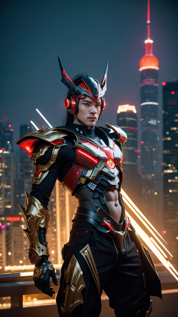 realistic image, ultra realism, perfect detail. hyper realistic, 4K, UHD. ultra detail, Hyper maximalism. octane render. Chinese , wearing traditional chines suit. Beside him stood a large robot.
Realistic image. Hyper detailed. Hyper maximalism. Ultra detailed. 4K. UHD. octane render. Create an image of a fighter in a dragon robe, with dragon-shaped headgear. add scary supporting elements and ornaments. futuristic cyborg with intricate black, red, gold and white armor. The cyborg is set against a cityscape background with dynamic pose, suggesting a setting in an advanced urban environment. The focus is on the detailed design of the armor and the cybernetic enhancements that integrate seamlessly with the humanoid form.