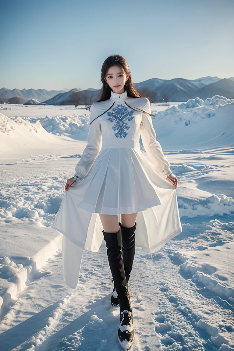 One girl, cute, Ice and snow world, alone, skinny, Wind, Mecha Costume, whole body, Beautiful Face, Decorated with intricate patterns and beautiful lines,