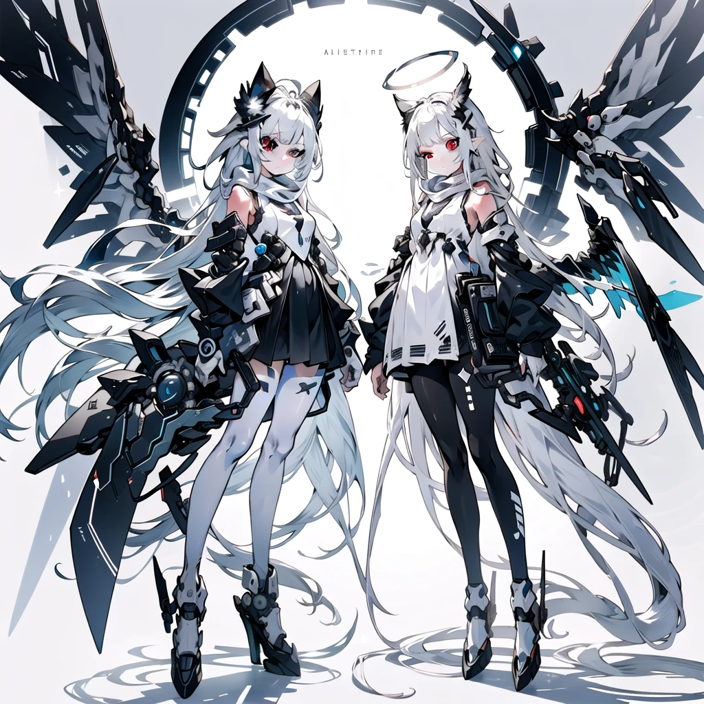 masterpiece, highest quality, highest resolution, clear_image, detailed details, White hair, long hair, cat ears, 1 girl, red eyes, white pantyhose, white sci-fi dress, white scarf (white scarf around the neck with a light blue glow), gray futuristic halo (gray halo over the head), white wings (4 wings), cute, full body, no water marks