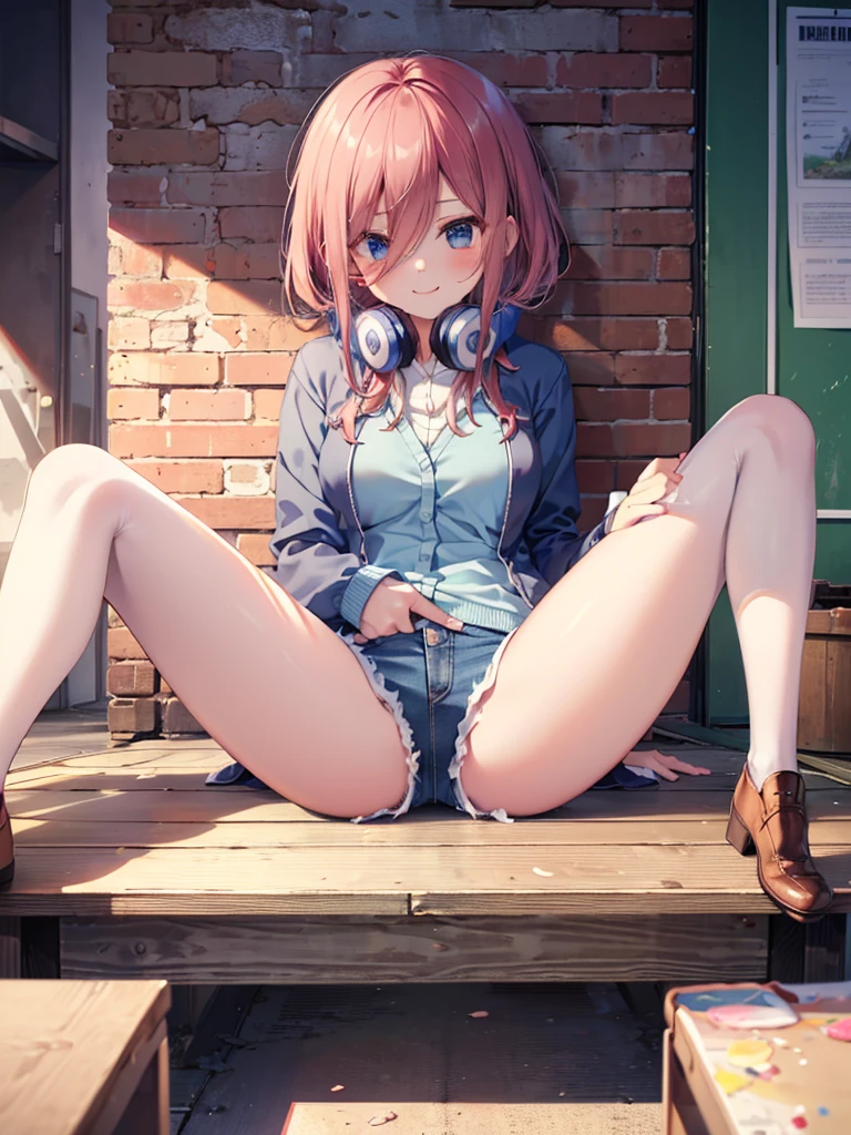 (8K, Highest quality, Highest quality, masterpiece), angry, :t, kawaii, cute, (denim hot shorts), (mini shorts), big breasts, ((spread legs 1:2)), nm1, headphones around neck, long sleeves, blue cardigan, pantyhose, (fullbody), smile, school uniform, open jacket