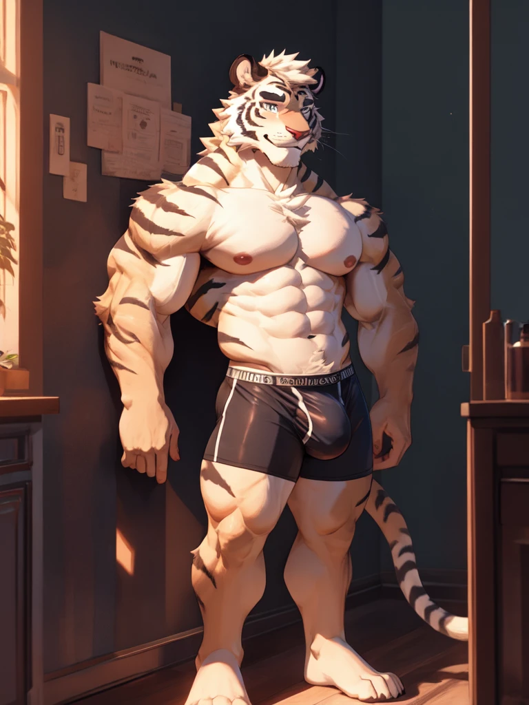 bara white tiger furry leaning on wall wearing only tight purple colored boxer briefs, tall, massive pecs, broad shoulders, sultry gaze, purple eyes, smirking at camera seductively, one hand on his bulge, looking at viewer, huge bulge, bedroom, sunlight casting over,Bara, Furry, dynamic shading