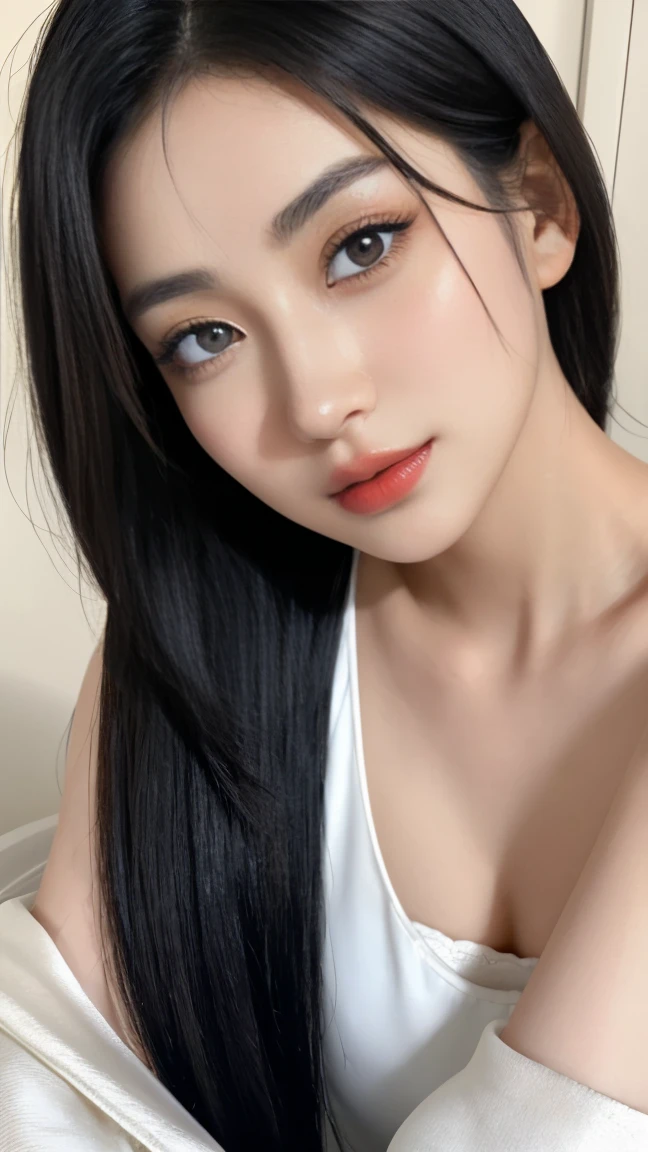 professional portrait of Ayu Putri, a 22-year-old Indonesian woman with a unique blend of Japanese and Indonesian features. Her face is characterized by a smooth, fair complexion, often described as the dream skin of many Asian girls. Ayu's flawless, porcelain skin has a radiant glow, capturing the essence of Japanese beauty standards. Her almond-shaped eyes are slightly upturned and framed by long, thick eyelashes, accentuating her expressive gaze. She has naturally arched eyebrows, a delicate, slightly pointed nose, and full, rosy lips that form a warm, inviting smile. Her silky black hair is straight and neatly styled to perfectly frame her face.