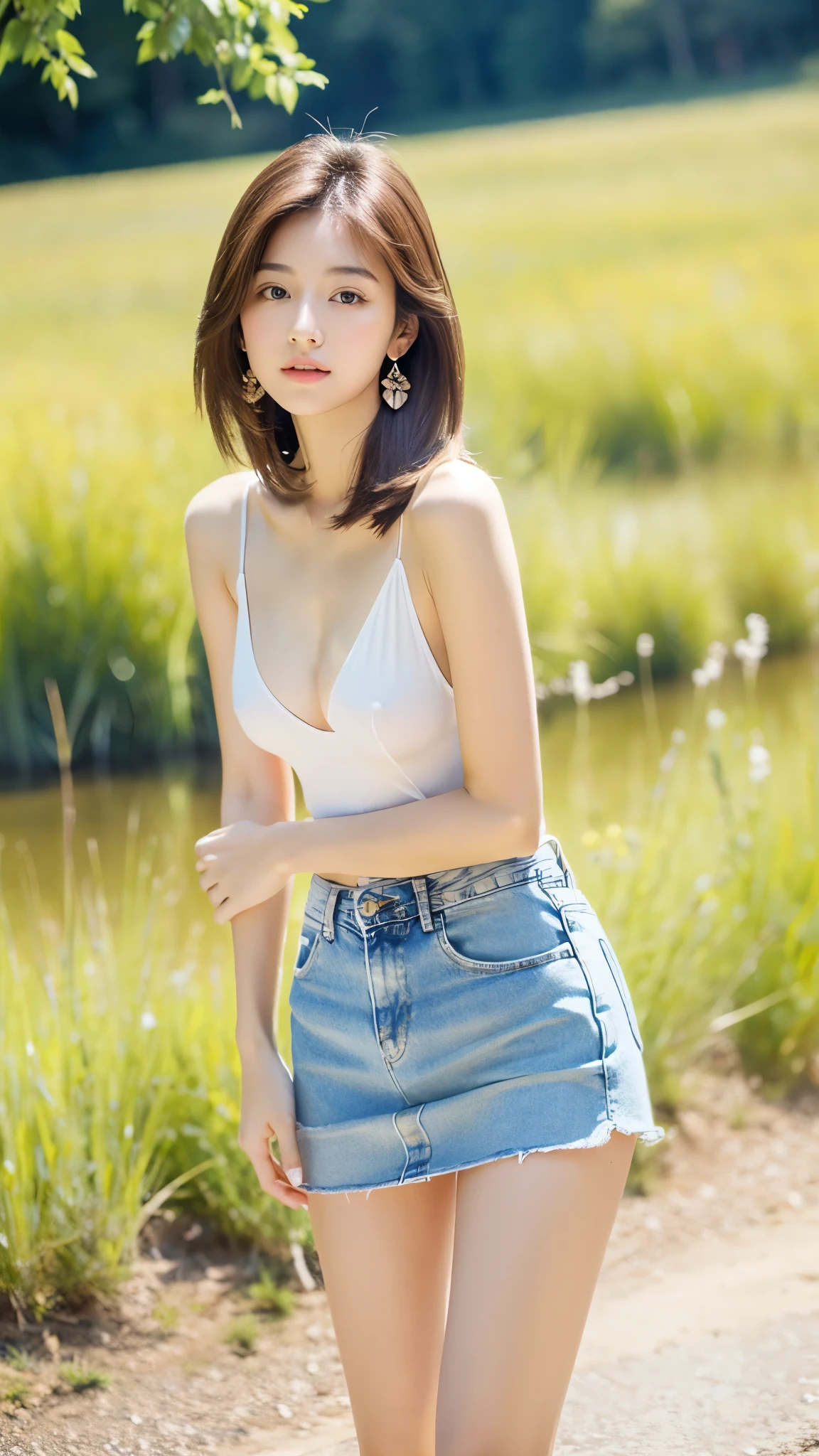 Ultra-clear resolution,Young girl,Shoulder-length hair,Light hair color,Earrings,Clear eyes,No makeup,Lip Gloss,Delicate face,Perfect face,Fair skin,Perfect breasts,Long and slender legs,Denim Miniskirt,shoe,Empty outdoors