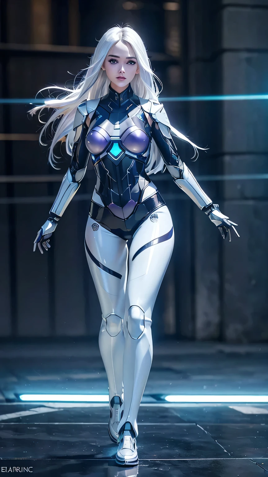 1girl, ultra realistic, ultra crisp, NVIDIA RTX, unreal engine, perfect slim body, realistic face, perfect face, realistic body, ultra skin details, ultra skin reflection details, white hair, hair blown with strong winds, hyper lights rendering, ultra details, glowing eyes, purple eyes, blush, parted lips, cybernetic ear, cinematic lights, glowing cybernetic metalic hands, glowing cybernetic metalic legs, luminous cybernetic futuristic metalic mechanical body, backdrop of natural lights, ultra realistic lights reflection details, ((full body shown)), from below, posing in the middle.