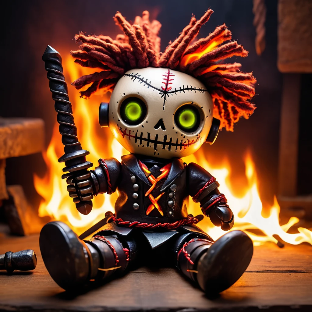 (knitted toy voodoo doll:1.9)
(Voodoo Hellboy:1.2)
(Clothing: tattered trench coat with mystical symbols:1.0)
(Accessories: miniature glowing right hands of doom, tiny floating hellfire, small enchanted occult symbols:1.2)
(background: eerie infernal landscape with flickering lights, runes glowing with dark energy, and an ethereal mist swirling around the flames:1.2), best quality, masterpiece, detailed soft oil painting, detailed background, dramatic cinematic lighting, soft edge lighting, professional, dramatic lighting, hard edge lighting, ultra quality, 4k, masterpiece, best quality, 8k, ultra high definition, high resolution, extremely detailed
