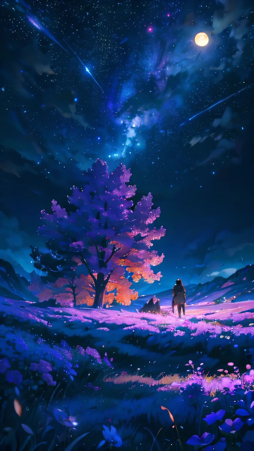 Expansive landscape photograph, (view from below with a view of the sky and the wilderness below), standing in a flower field looking up, (full moon: 1.2), (shooting star: 0.9), (nebula: 1.3), distant mountain, tree break production art, (warm light source: 1.2), (firefly: 1.2), lamp, purple and orange, intricate detail, volume lighting BREAK (masterpiece: 1.2), (highest quality ), 4k, ultra-detailed, (dynamic configuration: 1.4), highly detailed and colorful details (iridescent: 1.2), (sparkling lighting, atmospheric lighting), dreamy, magical, (solo: 1.2)
