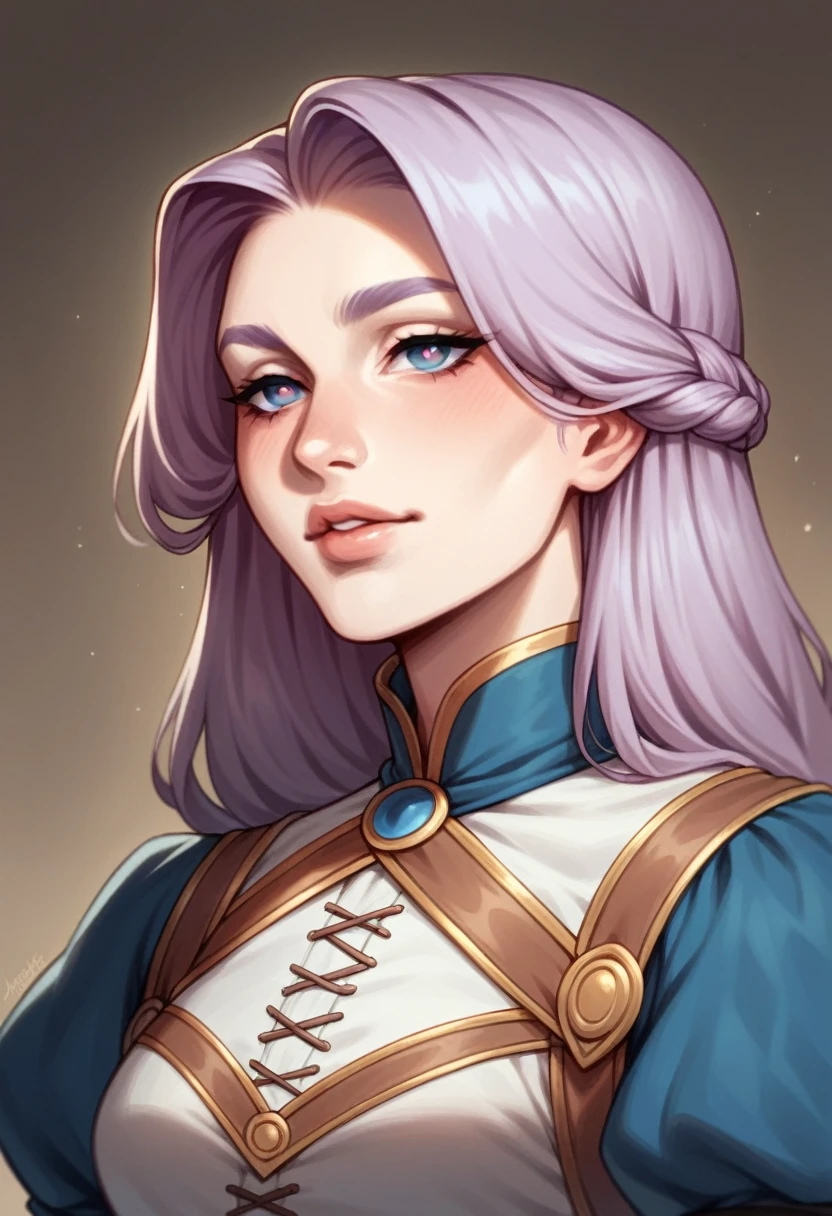 A 20-year-old human female with a mesomorph build, fair skin, and long lavender hair styled simply. Her oval face is complemented by almond-shaped eyes that radiate a gentle warmth. Her full lips, set below a medium nose with a straight bridge, add to her inviting appearance. Her medium eyebrows, naturally arched high, frame her expressive eyes, enhancing her overall youthful and lively look. Clothing of a medieval fantasy adventurer traveler