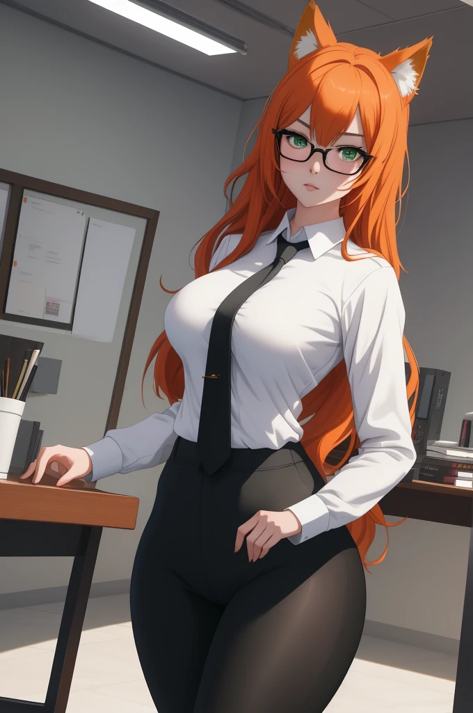 (masterpiece, Best quality), 8K, ultra detailed, realistic photo, Detailed face, perfect lighting, green eyes, bright orange hair, bright hair, fox ears, nice legs, side photo, beautiful, Cute, skin pores, 1 girl, perfect shirt, fully dressed, beautiful women 30 years old, Beautiful proportions, Russian woman, Caucasian, European, Business lady, stunningly beautiful woman, mother, thick legs, show ass, big breasts, (Thin white shirt:1.4), thick, hot, (White Office Wear:1.4), tight pants, (wide hips:1.2), thick, (white Office pants:1.3), spread your legs, Legs open, full length, wide hips, Glasses, with long orange hair, standing on the beach near the ocean, green eyes detailed digital anime art, cat ear, anime girl with long hair, гладкое аниме cg art, anime girl with long hair, digital anime art, work in Guweiz style, Beautiful anime portrait, Photorealistic render of an anime girl, pantyhose, Beautiful anime girl, advanced digital anime art, guweiz на artstation pixiv HD UHD HQ