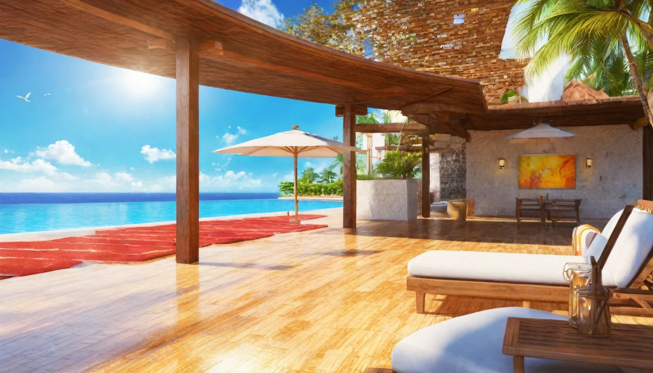 Resort hotels,Pool,Summer sky,noon,Blur the background,Glitter effect,Highest quality, 8K, High resolution, masterpiece:1.2, Very detailed, Realistic:1.37, High resolution, 超High resolution, Ultra-fine painting, Very detailed, Professional, Vibrant colors