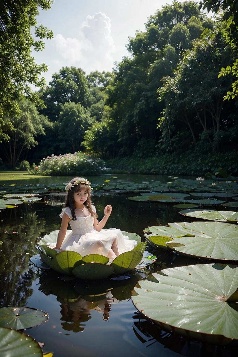 a little thumbelina girl in a white airy dress sits on a huge water lily on a pond, a picture from a lower angle