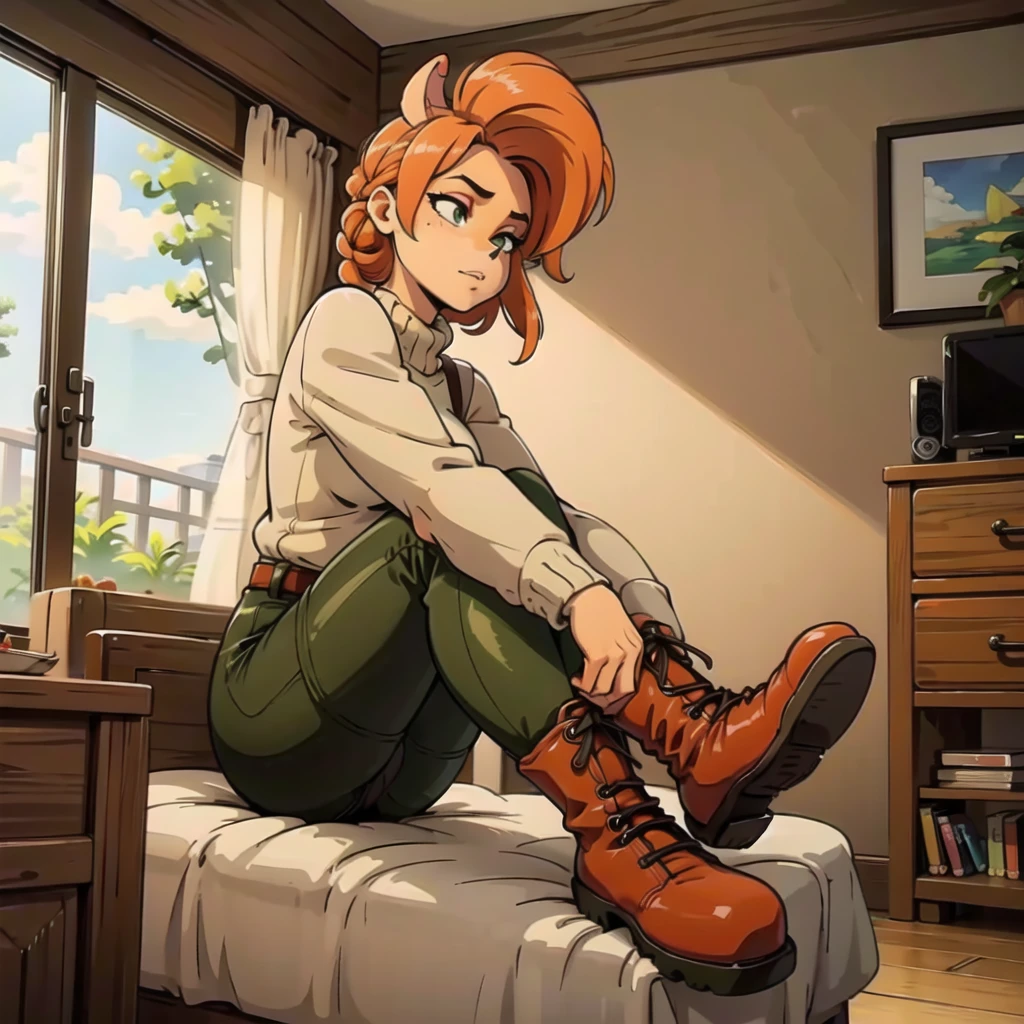 anthro bandicoot girl redhead, braided hair, beautiful green eyes, relaxing moment, sexy ,seductive, warm sweater, camouflage pants, army boots, , cozy lighting, vibrant colors , girl anthro , sweater, camouflage pants, army boots, hands to boots tying your shoelaces