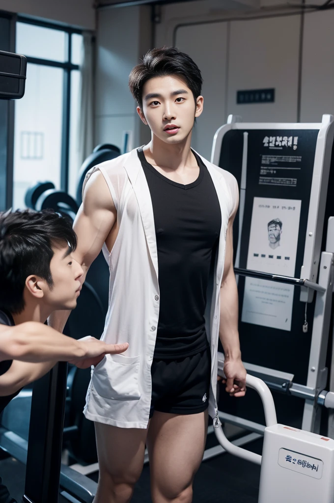 Korean man, Inspiration from Peng Yuyan, 30 years old, 236 years old, Cute Korean Face, 35 yo, 33 year old Korean muscular man，The gym is in the back.