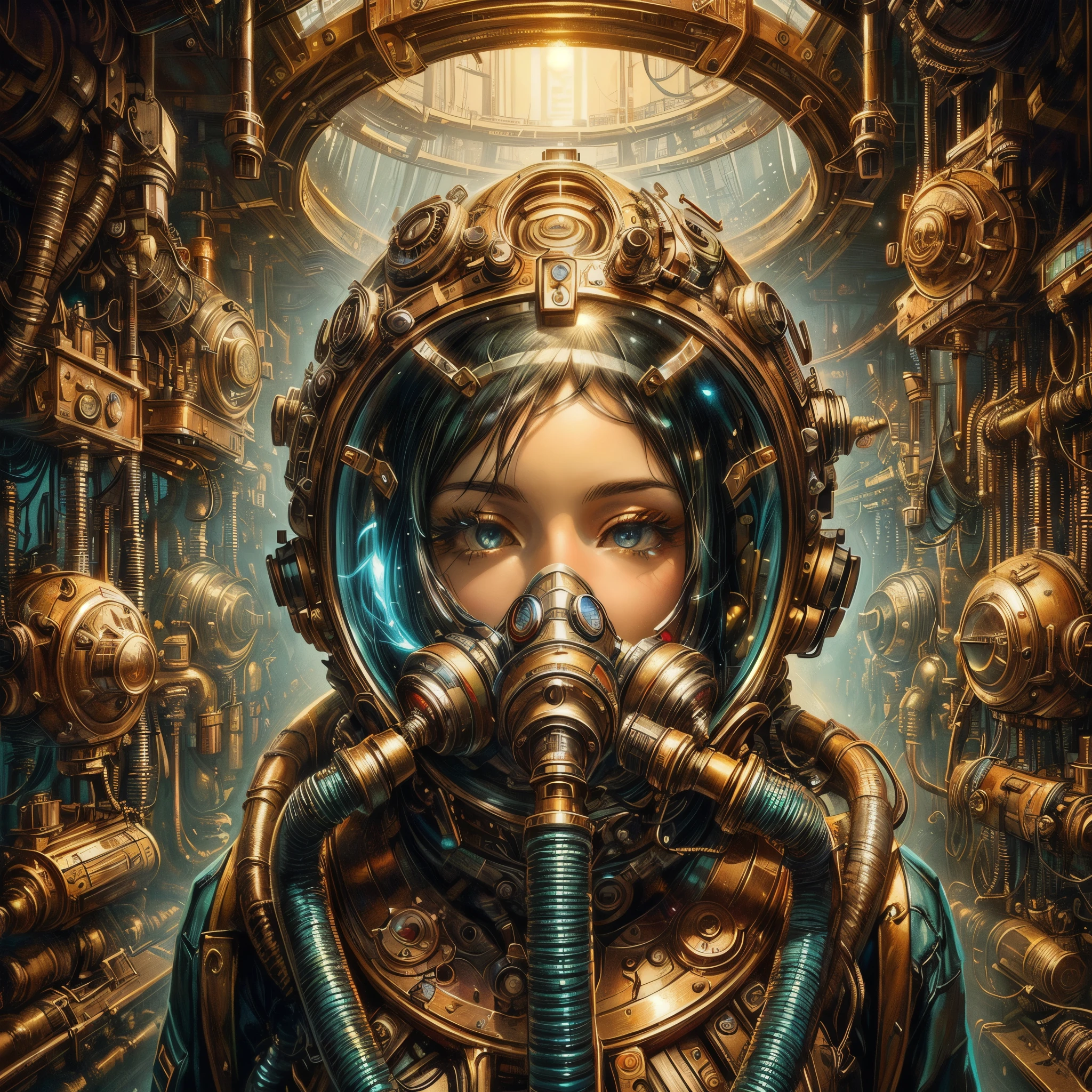 a woman with gas mask and gas mask in a room full of mechanical devices, Greg Beeple, 8 0's style tomasz alen kopera, sci-fi steampunk, digital steampunk art, detailed sci-fi art, bunter Sci-Fi-Steampunk, steampunk digital art, by Alexander Kucharsky, detailed steampunk illustration, Award-winning science fiction art