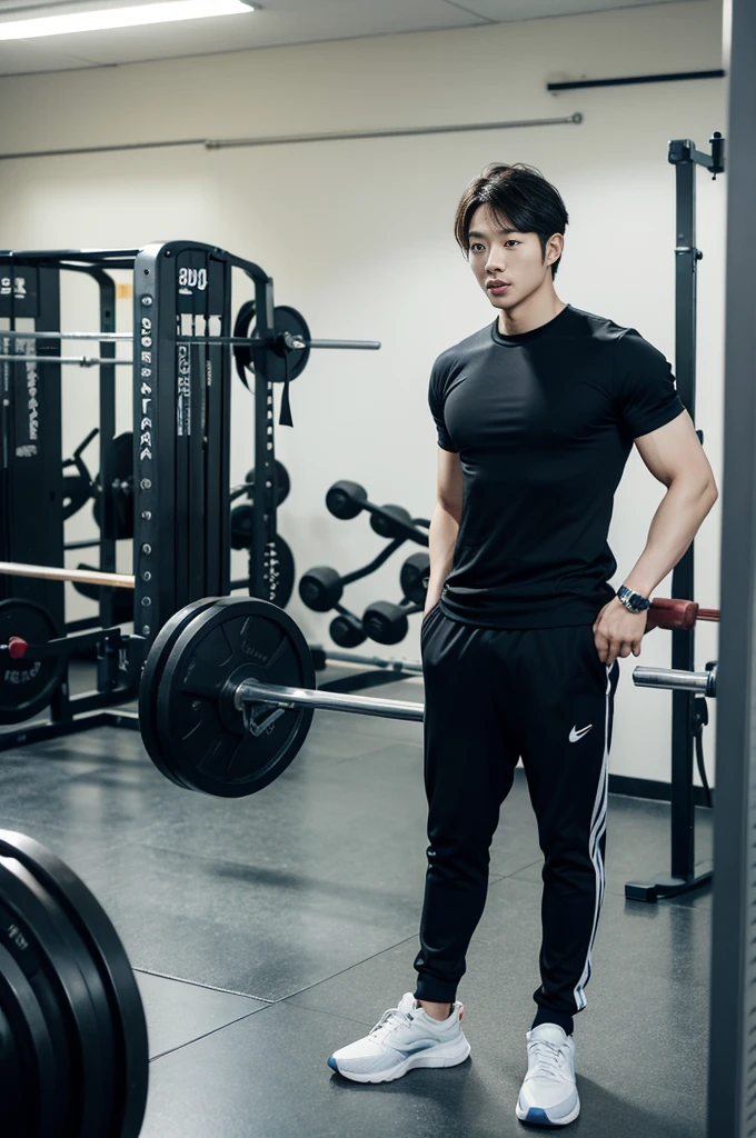 Korean man, Inspiration from Peng Yuyan, 30 years old, 236 years old, Cute Korean Face, 35 yo, 33 year old Korean muscular man,Gym in the background, black t-shirt