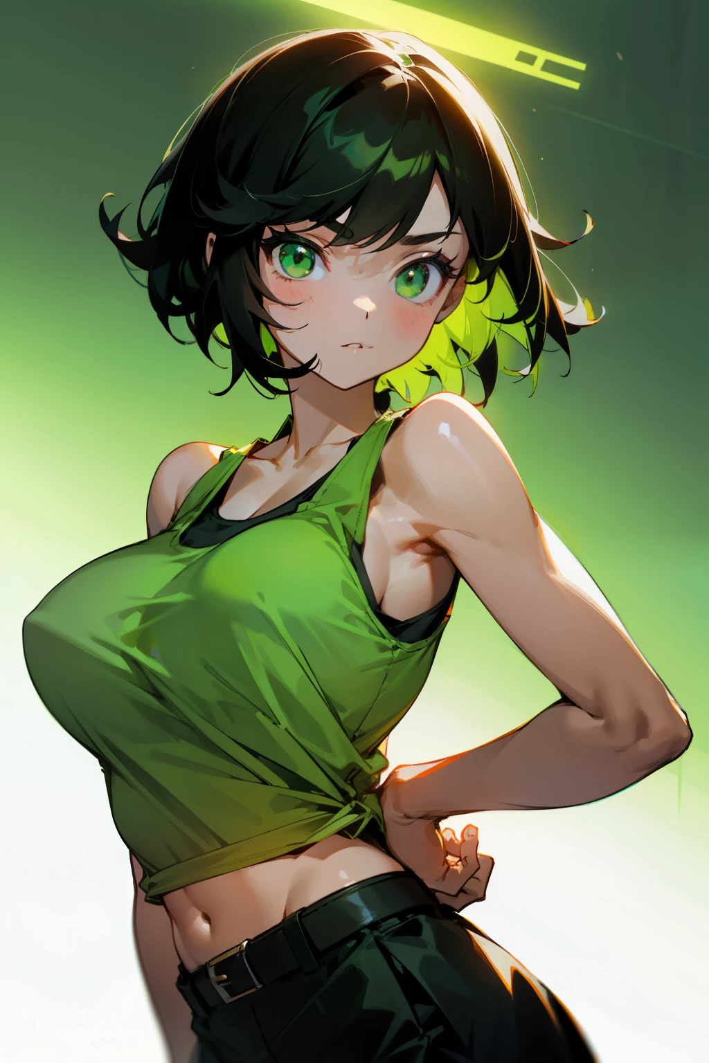 Cute girl, short black hair, green eyes, light green tank top, wide black belt, short light green skirt, big breasts