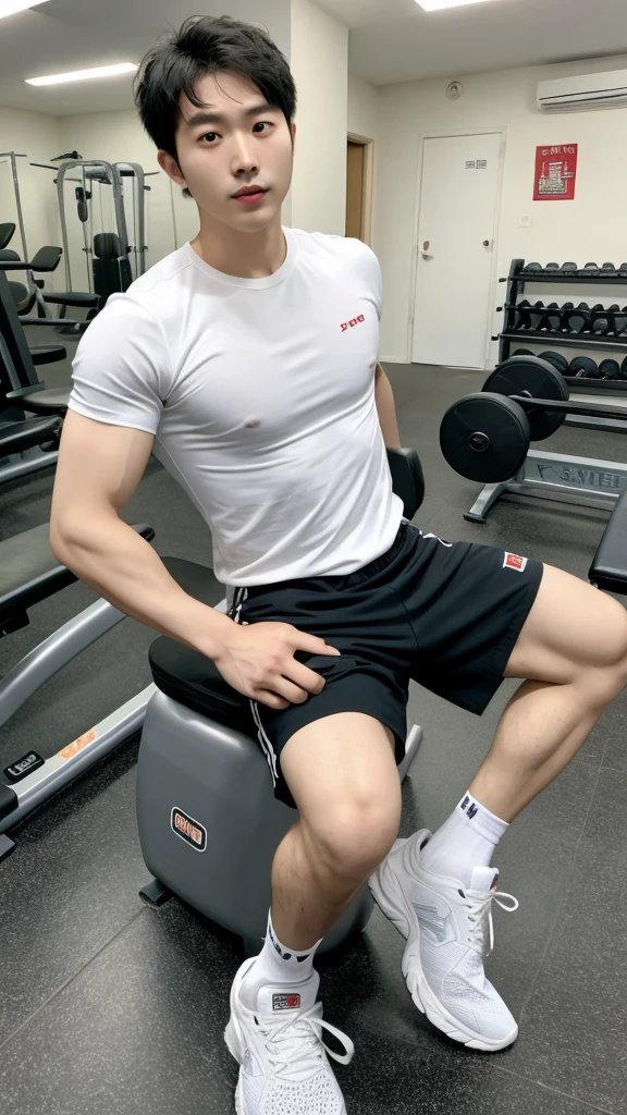 Korean man, Inspiration from Peng Yuyan, 30 years old, 236 years old, Cute Korean Face, 35 yo, 33 year old Korean muscular man，The gym is in the back.