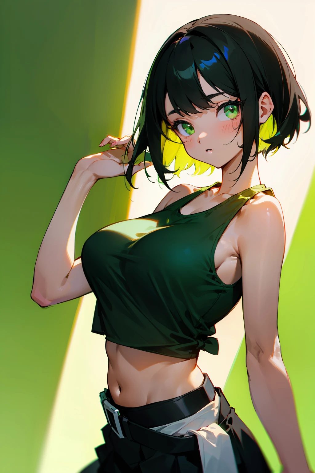 Cute girl, short black hair, green eyes, light green tank top, wide black belt, short light green skirt, big breasts