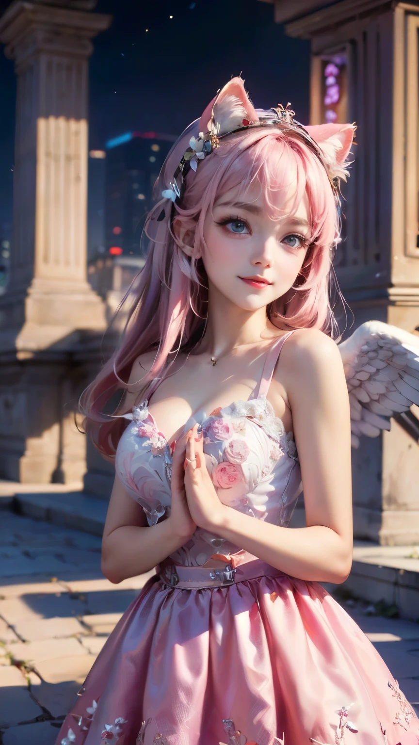 ((Highest quality)), ((masterpiece)), (detailed), 8K, High Resolution,One girl, Pink Hair, Perfect Eyes, Goddess of Athena, I'm praying, Hands together, (have confidence:1.5), (Facing forward:1.5), (Be confident:1.5), Hydrangea on background, smile, Pink Dress, Cat ear, (Angel's wing:1.2), big eyes, (The body also faces forward:1.4),