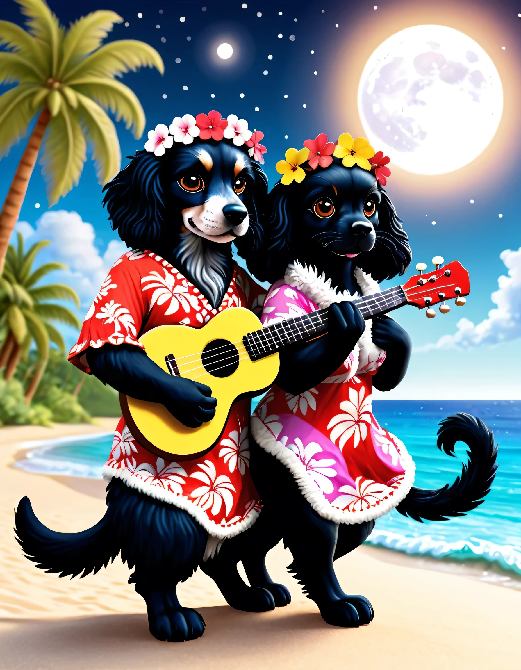 3DCG, cute and fluffy anthropomorphic animal couple in Hawaiian setting. Cat flamenco dancer and black American Cocker Spaniel ukulele player cuddling. Cat has soft fur, wears colorful muumuu and flower crown. Dog has long floppy ears, fluffy coat, wearing aloha shirt, holding ukulele. Both have adorable large eyes, happy expressions, gazing lovingly at each other. Background: 3D rendered large full moon, soft flowing clouds. Below, shimmering ocean surface with moonlit ripples. Palm tree silhouettes on shore. Warm color palette, soft lighting, romantic and dreamy atmosphere. Detailed fur textures and fabric renderings emphasizing fluffy, cuddly appearance."