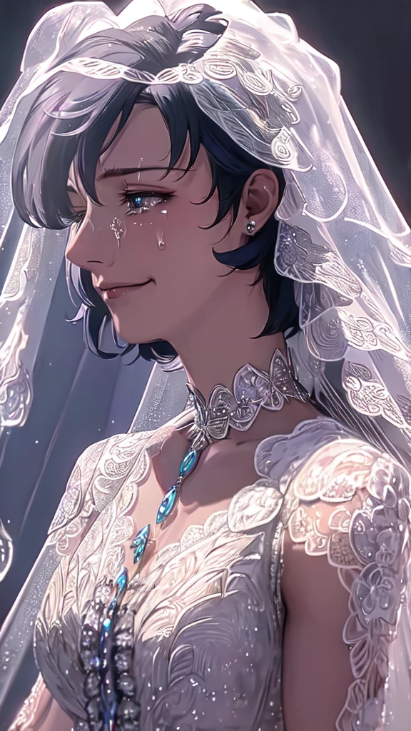 (solo, 1girl), (absurdres, highres, official wallpaper, poster), (masterpiece, best quality:1.2), (illustration, realistic), (perfect details, highest detailed, extreme detailed), dramatic light, AmiMizuno, (sailor mercury, blue hair, short hair, circlet, jewelry, crescent earrings), (city, starry sky), (seductive smile, blush, standing), masterpiece, highest quality, 8K, 超High resolution, highest quality, anime style, best writing, beautiful face, smile, 1 girl, Crying with joy, blush, highest quality, High resolution, intricate details, highest quality, chromatic aberration, Do not tie hair, 1 girl, alone, (Wedding dress:1.3), (wedding veil:1.3), bouquet, long hair, thighs, long hair, (Upper body:1.3), wedding hall, cry tears, tears flow, ruanyi0263,bridal veil,wedding dress,veil,white dress,bride,lace,