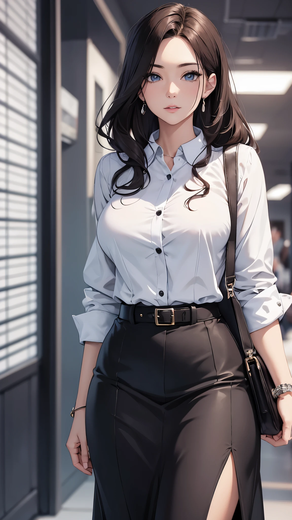 a woman in her 30s,office casual style,full body,white blouse,black belt,long skirt,pumps,shoulder bag,detailed face,beautiful eyes,detailed nose and lips,natural lighting,realistic,photorealistic,HDR,studio lighting,extremely detailed,highly detailed,intricate,masterpiece,cinematic,warm color tones