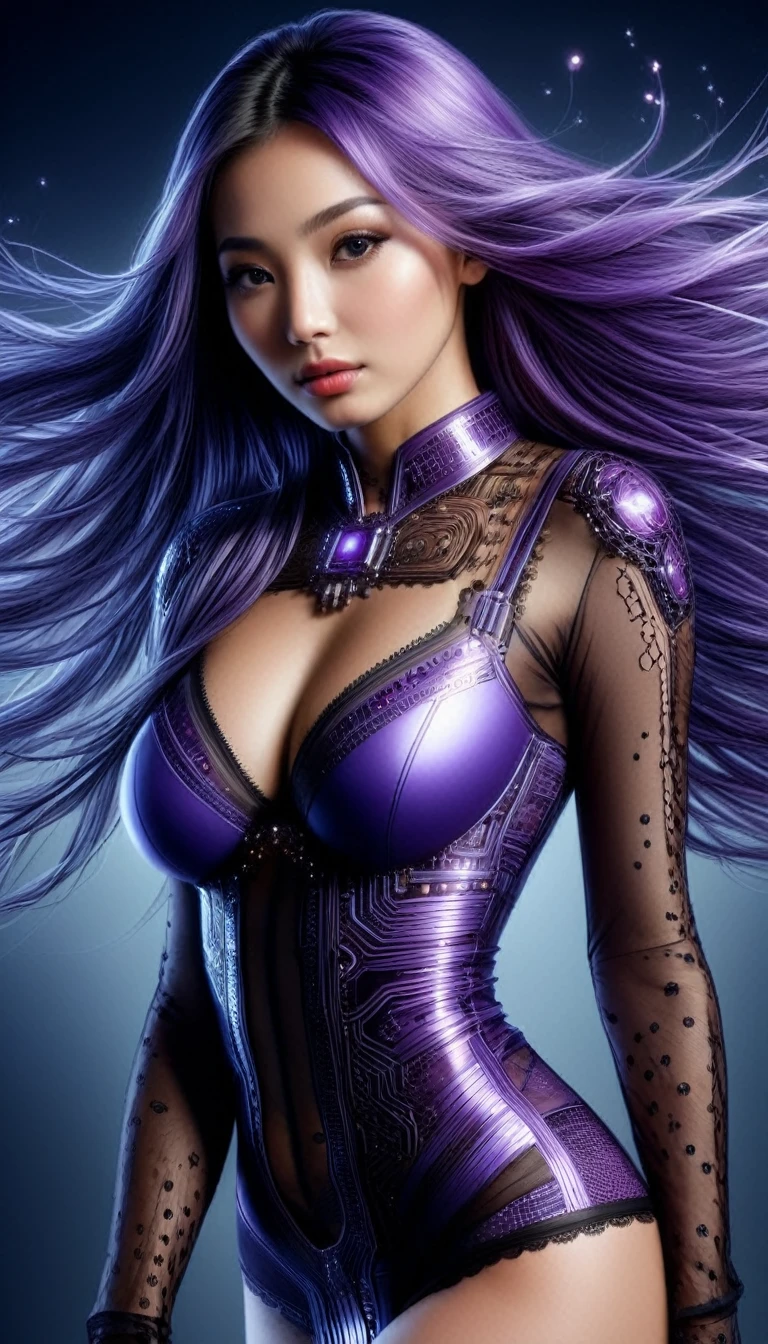 Un portrait hyperréaliste d’une sublime femme asiatique heureuse et rayonnante , femme aux cheveux couleur violet sombre foncé très_long et très détaillés, ((long cheveux couleur violet foncé), portant une robe en dentelle faite en composants électroniques et accessoires circuitrytech, grosse poitrine réaliste décolletée push-up , regard intense et sensuel , corps élancé, pose dynamique, proportions parfaites, masterpiece, hyperRéaliste, masterpiece, superior quality, high resolution, Extremely detailed, highly detailed 8K wallpaper, détails fractales, circuitrytech :1.6, scifi : 1.6, décors de science fiction heureux, big breasts, big breasts cup D
