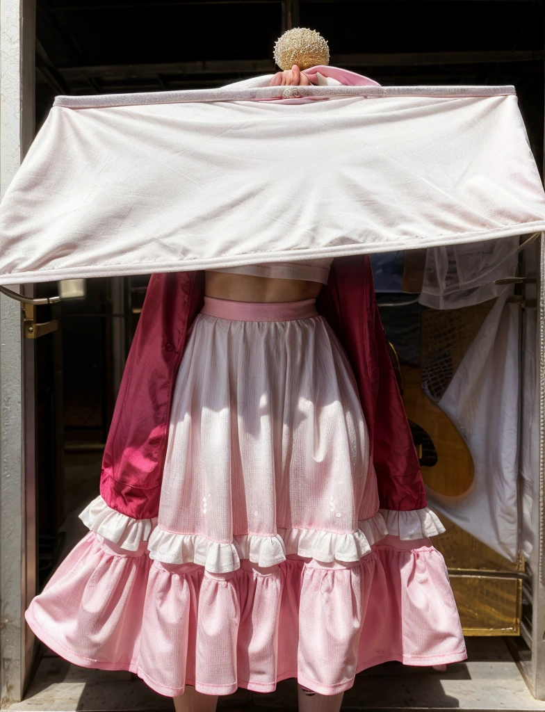 Sabrina Carpenter, smiling, white bra, pink skirt