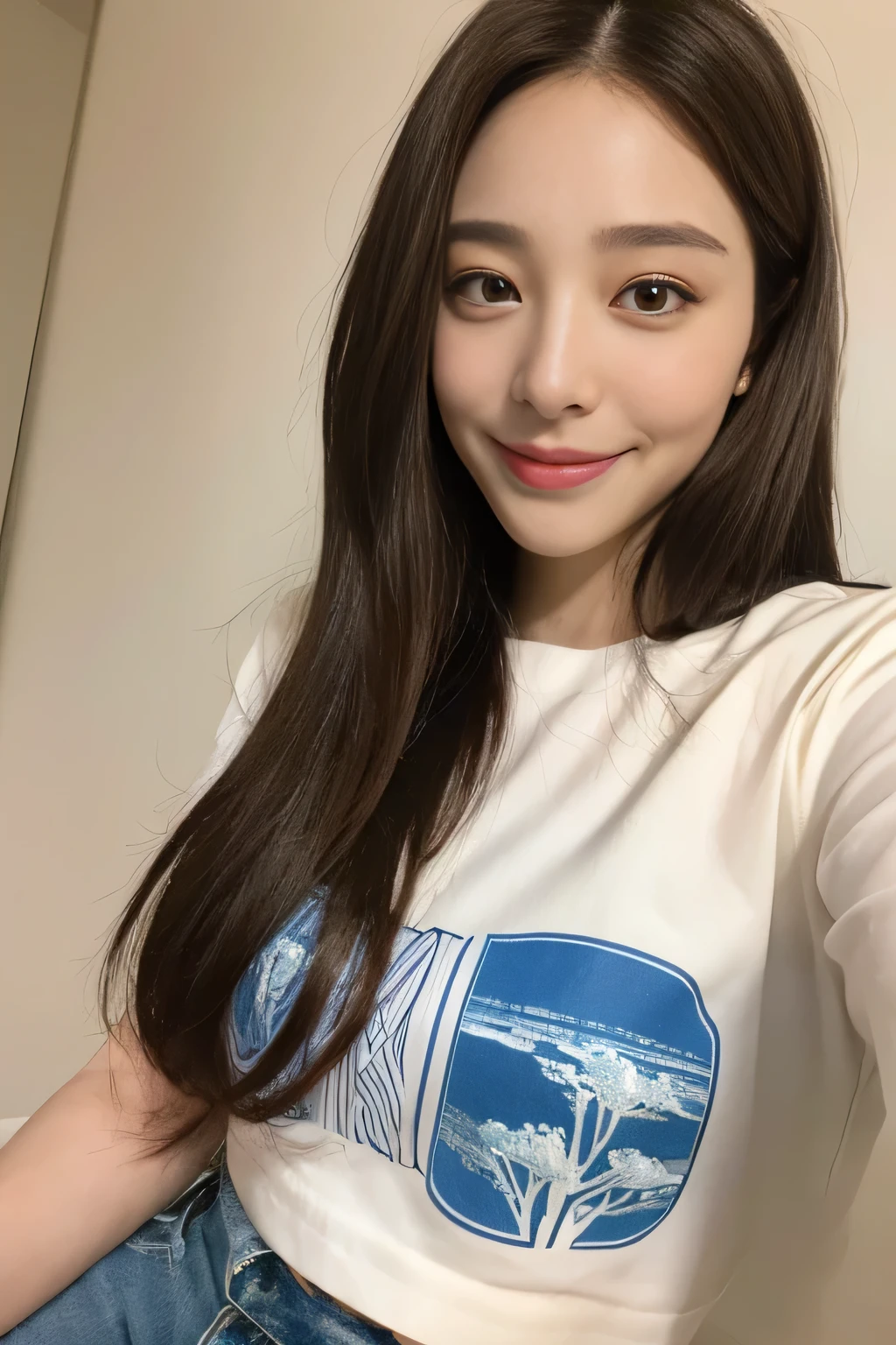 seed:2020674263.((Full body angle:1.1)).((Highest quality, 8K, masterpiece:1.3)), ((from below:1.1)).concentrated:1.2, Perfect body beauty:1.4, Hips:1.2, ((Delicate Hair)), (Colorful button-through crop shirt :1.1) , ((Highest quality、、masterpiece:1.3))、1 Girl、A sloppy smile、Esbian all over、Slim face、Big Boobs、Beautiful woman、(Dark Brown Hair)、Long Hair、1、Flickering Valley、Detailed eyes、double eyelid、Blurred Background、超Slim face、Smile、Looking down、stroll、