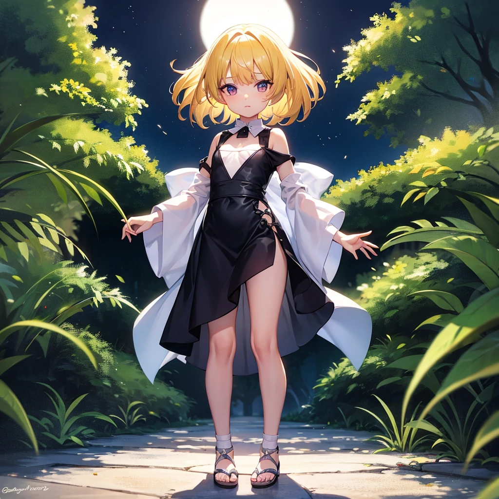 (((White Sandals))),((Luxurious)),(In a naughty way),Cute little ,Tiny ,Small girl,,Childish face, Very fine clean face,Top quality, Big eyes,Straight Hair,Yellow hair,Crimson Eye,(Dark Room), Subtle light, Natural light,Soft lighting,Light from directly behind, (Are standing), Cute pose, (Open your hands), Showing the whole body,Front view,Black background