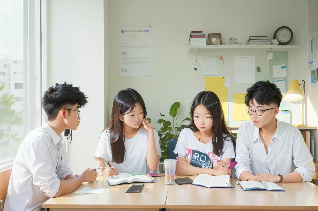 three students sitting at a table with books and a laptop, college students, student, Study in a brightly lit room., in the bedroom, The group sat at a table., in the background, นั่งอยู่in the bedroom,