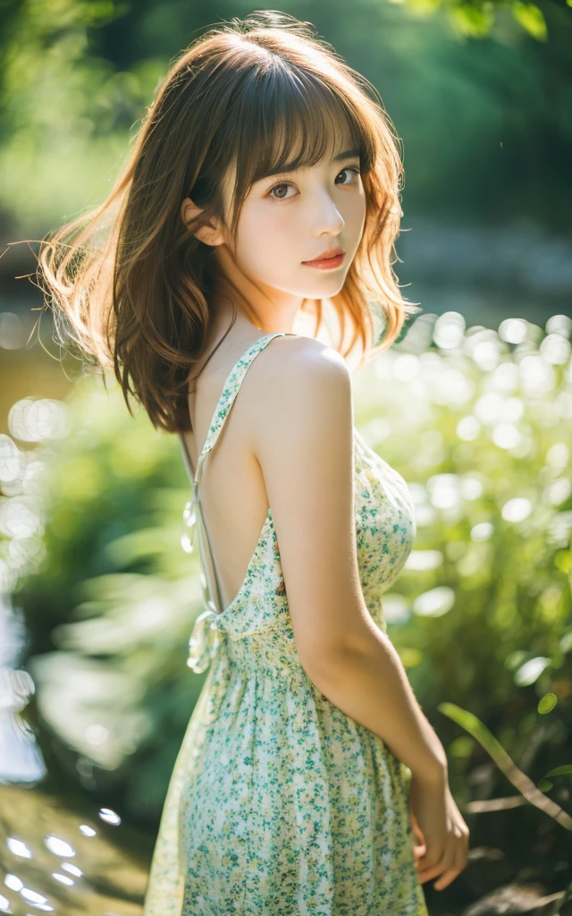 masterpiece, Best Quality, 8K, 1 girl, Japanese cute girl, in summer, forest, stream, out of focus, 18 yo, large breasts, Mouth slightly open, cute little, Solo, sad, summer dress, Girly, Delicate girl, Neat and clean beauty, Raw photo, Professional Photography, Portrait, Soft light, Professional Lighting, Back lighting, Upper body, see the beholder, Sophisticated, Film grain, (Eyes and faces with detailed:1.0), medium hair swaying in the wind, beautiful flowing brown hair,