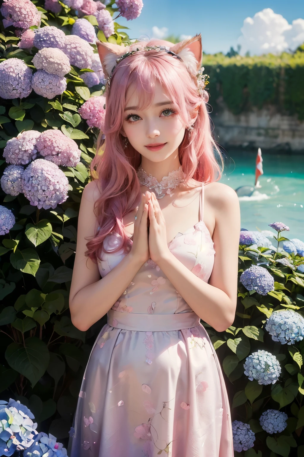 ((Highest quality)), ((masterpiece)), (detailed), 8K, High resolution, One girl, Pink Hair, Perfect Eyes, Goddess of Athena, I pray, Hands together, (confidence:1.5), (Positive:1.5), (confidenceを持って:1.5), Hydrangea on background, smile, Pink Dress, Cat ear, (Angel's wing:1.2), Big eyes, (体もPositive:1.4),