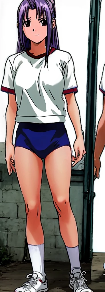 Momoko Koigakubo, who is tall and has beautiful legs, is wearing white gym clothes and bright blue panty-shaped bloomers, smiling and standing with her legs spread to the side and her mouth open.。Doing Comanechi pose。
