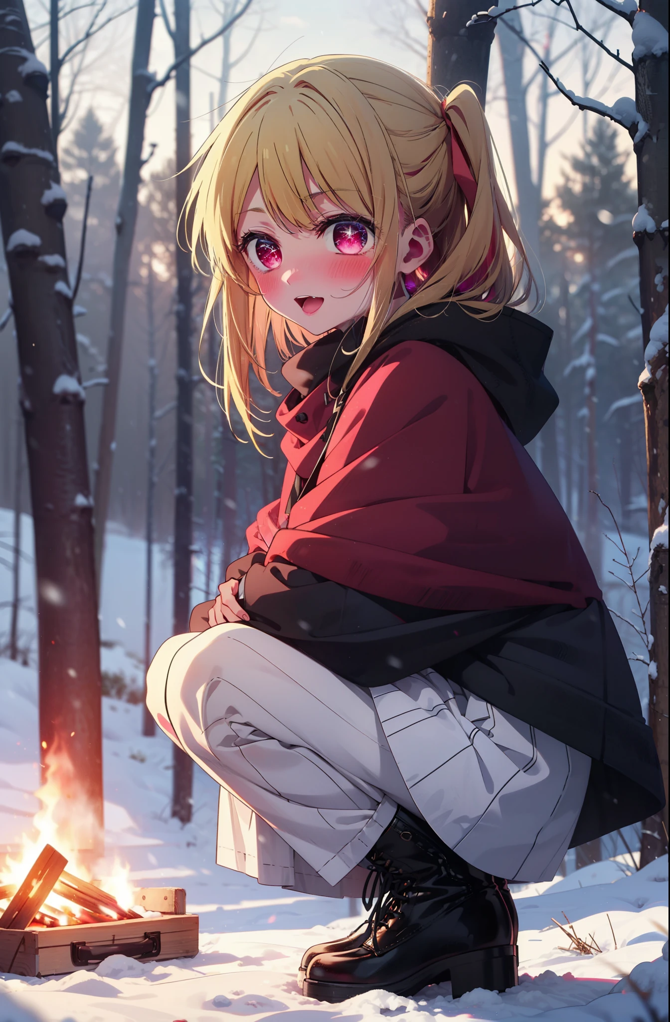 rubyhoshino, Hoshino Ruby, Long Hair, bangs, Blonde, (Pink Eyes:1.3), (Symbol-shaped pupil:1.5), Multicolored Hair, Two-tone hair, smile,blush,White Breath,
Open your mouth,snow,Ground bonfire, Outdoor, boots, snowing, From the side, wood, suitcase, Cape, Blurred, , forest, White handbag, nature, Squat, Mouth closed, Cape, winter, Written boundary depth, Black shoes, red Cape break looking at viewer, Upper Body, whole body, break Outdoor, forest, nature, break (masterpiece:1.2), Highest quality, High resolution, unity 8k wallpaper, (shape:0.8), (Beautiful and beautiful eyes:1.6), Highly detailed face, Perfect lighting, Highly detailed CG, (Perfect hands, Perfect Anatomy),