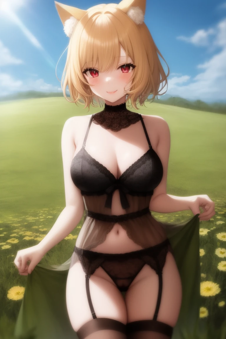 1girl, large breasts, cowboy shot, smile, closed mouth, (field:1.2), (sky:1.2), (sunlight:1.2),
debby_the_corsifa, red eyes, blonde hair, short hair, extra eyes, animal ears, sexy lingerie, garter straps, thighhighs, score_9, score_8_up, score_7_up, BREAK source_anime, rating_explicit, best quality, masterpiece, uncensored, solo,