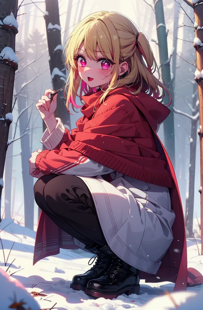 rubyhoshino, Hoshino Ruby, Long Hair, bangs, Blonde, (Pink Eyes:1.3), (Symbol-shaped pupil:1.5), Multicolored Hair, Two-tone hair, smile,blush,White Breath,
Open your mouth,snow,Ground bonfire, Outdoor, boots, snowing, From the side, wood, suitcase, Cape, Blurred, , forest, White handbag, nature, Squat, Mouth closed, Cape, winter, Written boundary depth, Black shoes, red Cape break looking at viewer, Upper Body, whole body, break Outdoor, forest, nature, break (masterpiece:1.2), Highest quality, High resolution, unity 8k wallpaper, (shape:0.8), (Beautiful and beautiful eyes:1.6), Highly detailed face, Perfect lighting, Highly detailed CG, (Perfect hands, Perfect Anatomy),