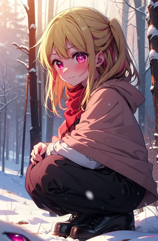 rubyhoshino, Hoshino Ruby, Long Hair, bangs, Blonde, (Pink Eyes:1.3), (Symbol-shaped pupil:1.5), Multicolored Hair, Two-tone hair, smile,blush,White Breath,
Open your mouth,snow,Ground bonfire, Outdoor, boots, snowing, From the side, wood, suitcase, Cape, Blurred, , forest, White handbag, nature,  Squat, Mouth closed, Cape, winter, Written boundary depth, Black shoes, red Cape break looking at viewer, Upper Body, whole body, break Outdoor, forest, nature, break (masterpiece:1.2), Highest quality, High resolution, unity 8k wallpaper, (shape:0.8), (Beautiful and beautiful eyes:1.6), Highly detailed face, Perfect lighting, Highly detailed CG, (Perfect hands, Perfect Anatomy),