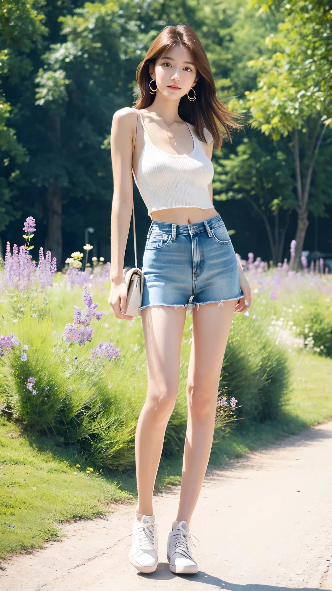 Ultra-clear resolution,Young girl,Shoulder-length hair,Light hair color,Earrings,Clear eyes,No makeup,Lip Gloss,Delicate face,Perfect face,Fair skin,Perfect breasts,Long and slender legs,Denim Miniskirt,shoe,Empty outdoors